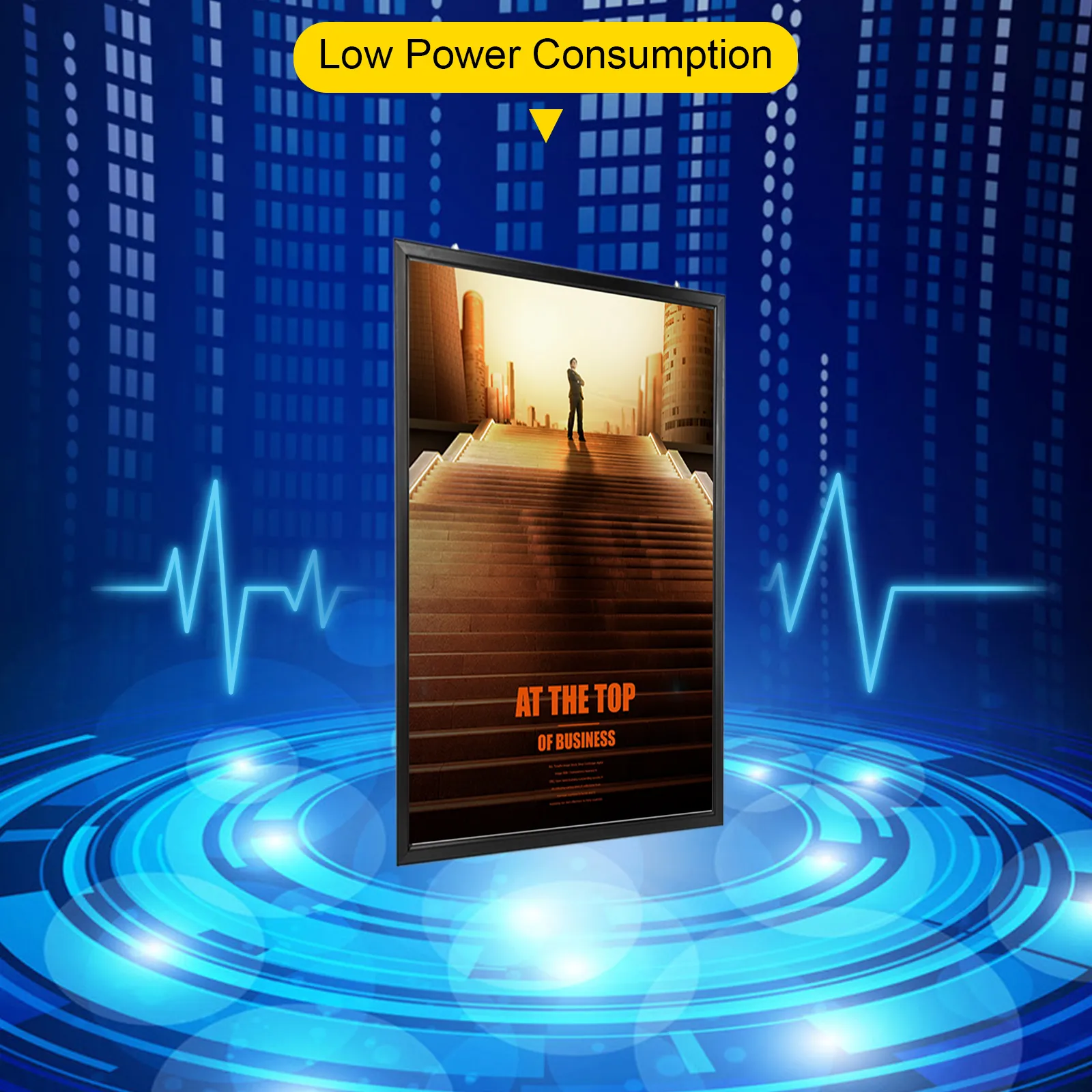 Marco de póster de película LED VEVOR con bajo consumo de energía en un fondo futurista.