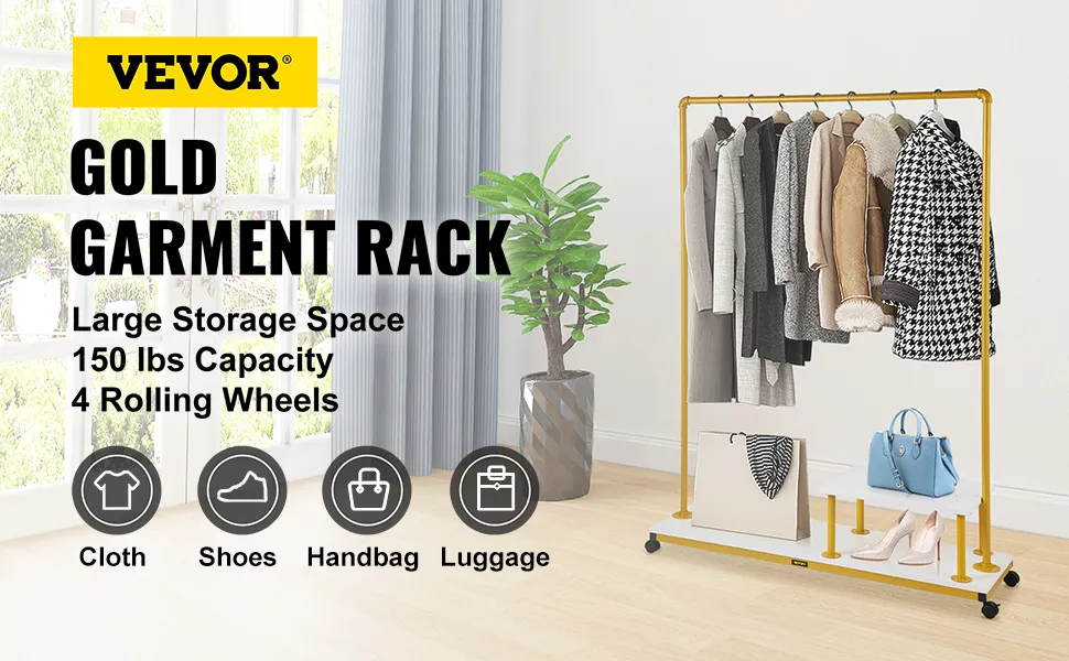 VEVOR clothing garment rack in gold with coats, shoes, handbag, and luggage on display in a bright room.