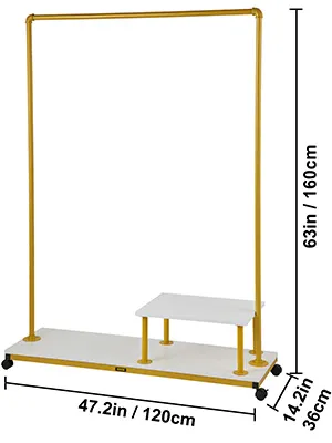 yellow VEVOR clothing garment rack with shelf, 63in height, 47.2in width, 14.2in depth.