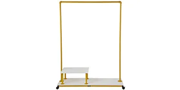 yellow VEVOR clothing garment rack with white shelves on wheels for easy mobility.