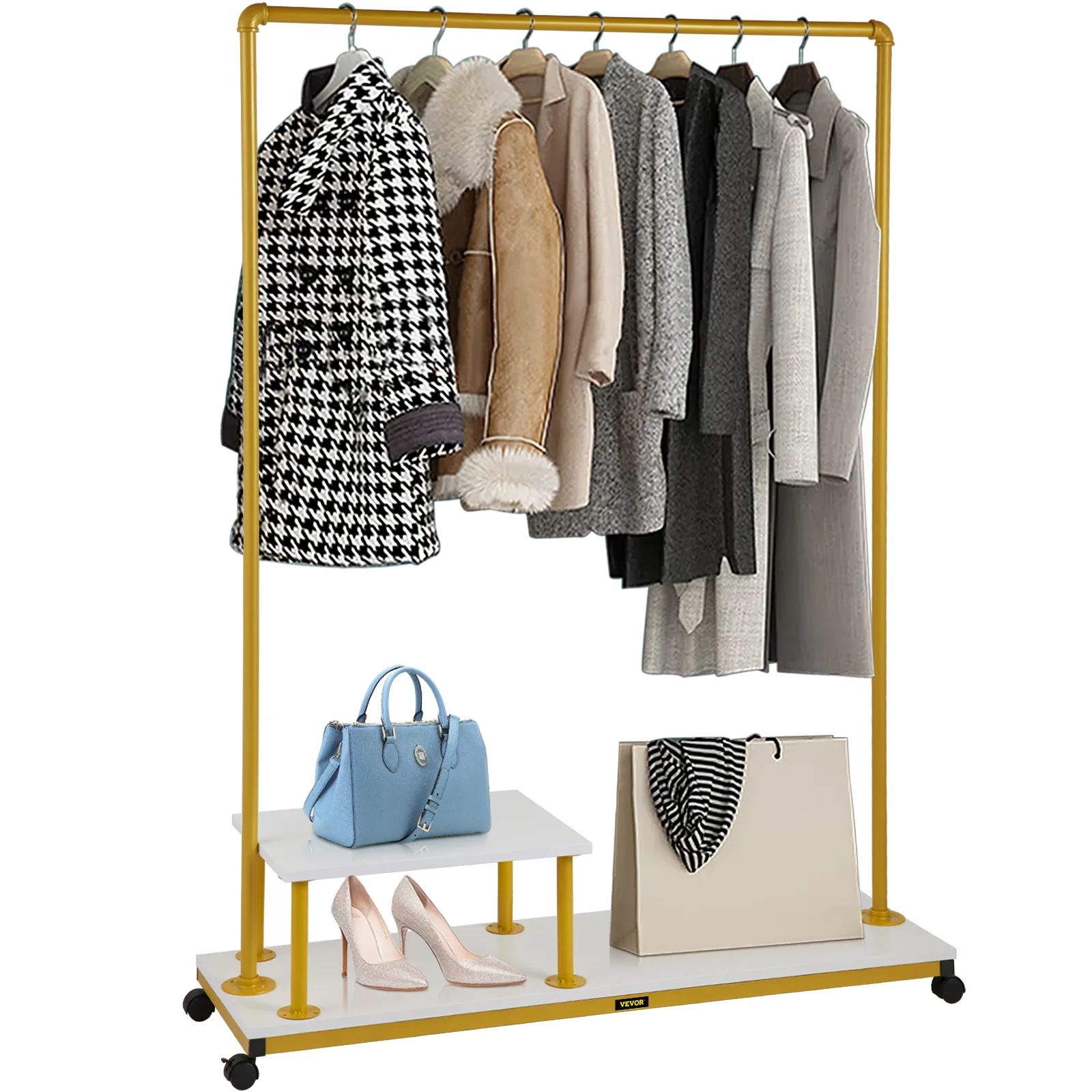 VEVOR clothing garment rack holding coats with a shelf displaying a blue bag, high heels, and a beige bag.