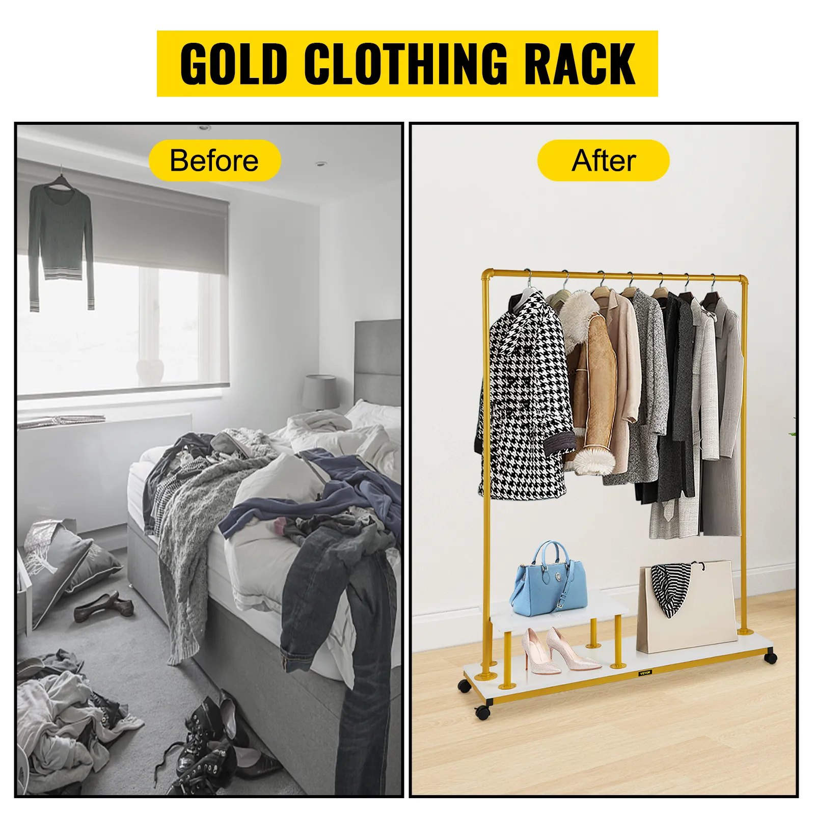 before and after comparison showing a tidy room with VEVOR clothing garment rack organizing clothes.