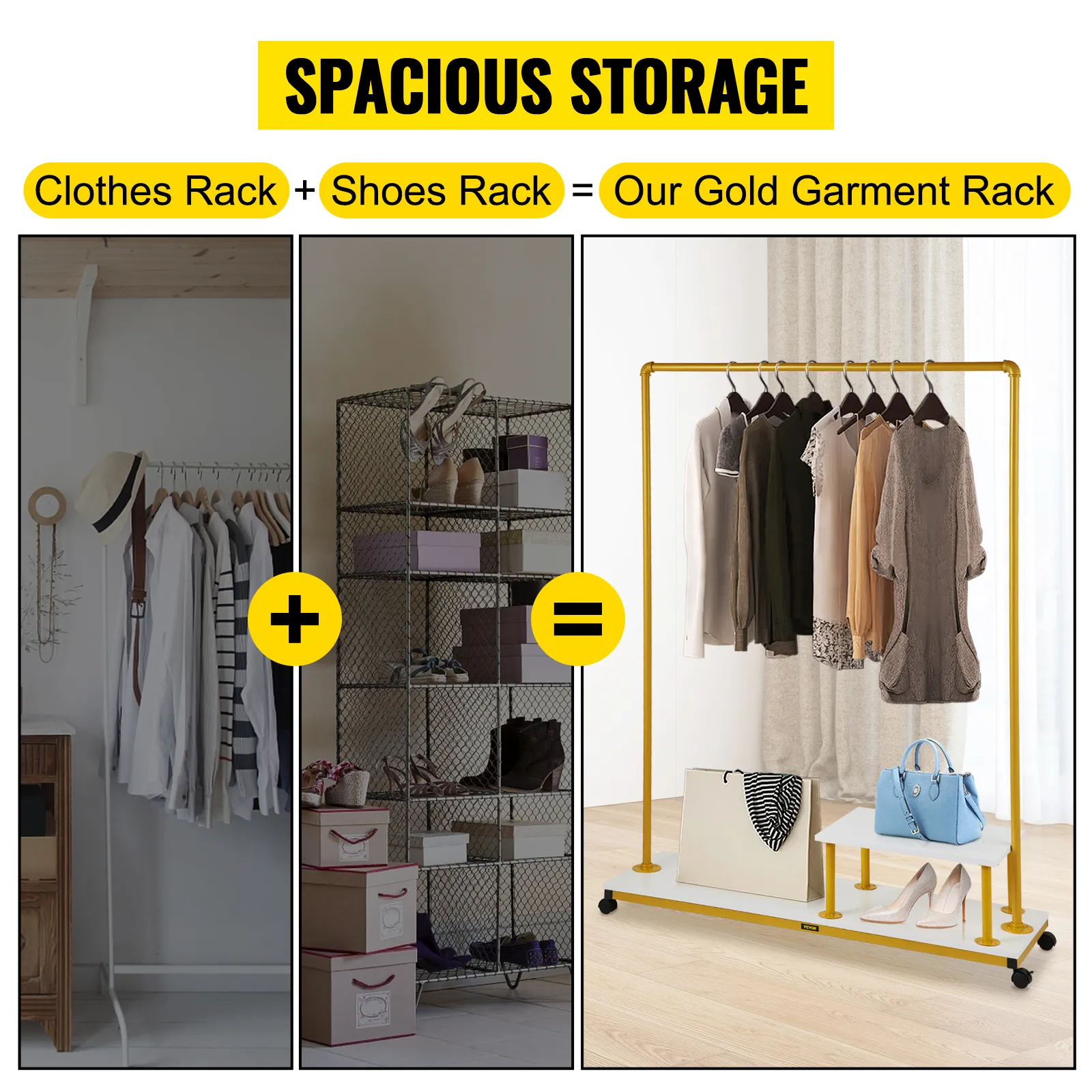 VEVOR clothing garment rack combines clothes and shoe storage in a sleek, gold design for spacious organization.
