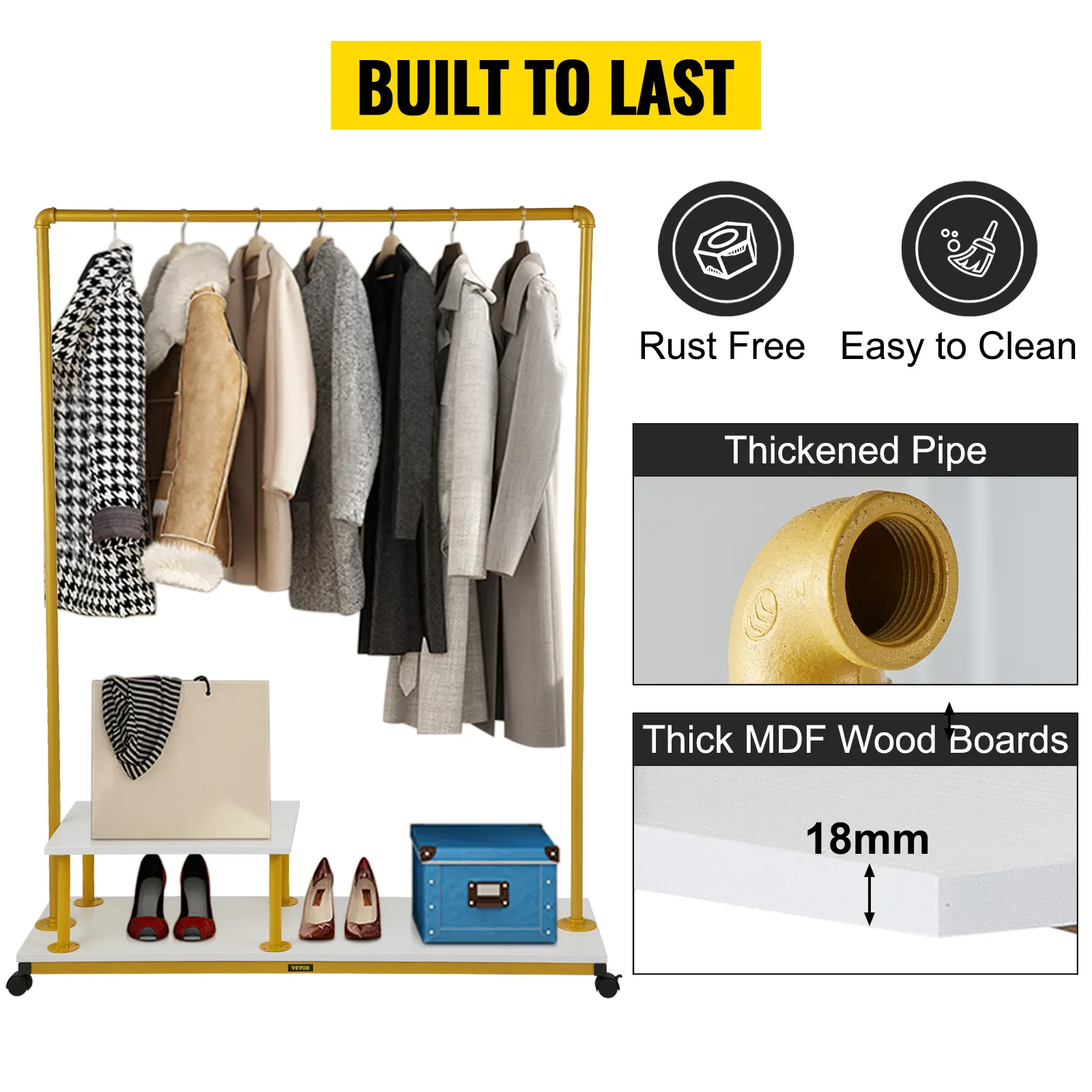 VEVOR clothing garment rack with thickened pipe, 18mm mdf wood boards, and rust-free design.