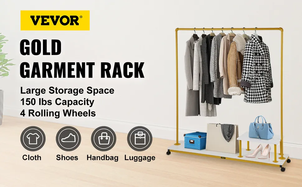 VEVOR clothing garment rack with 4 rolling wheels, large storage space, holding clothes, shoes, and bags.