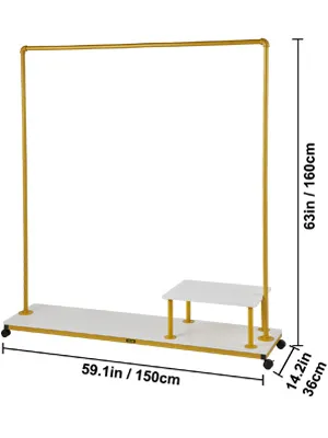 VEVOR clothing garment rack with white shelf, yellow frame, and dimensions listed in cm and inches.