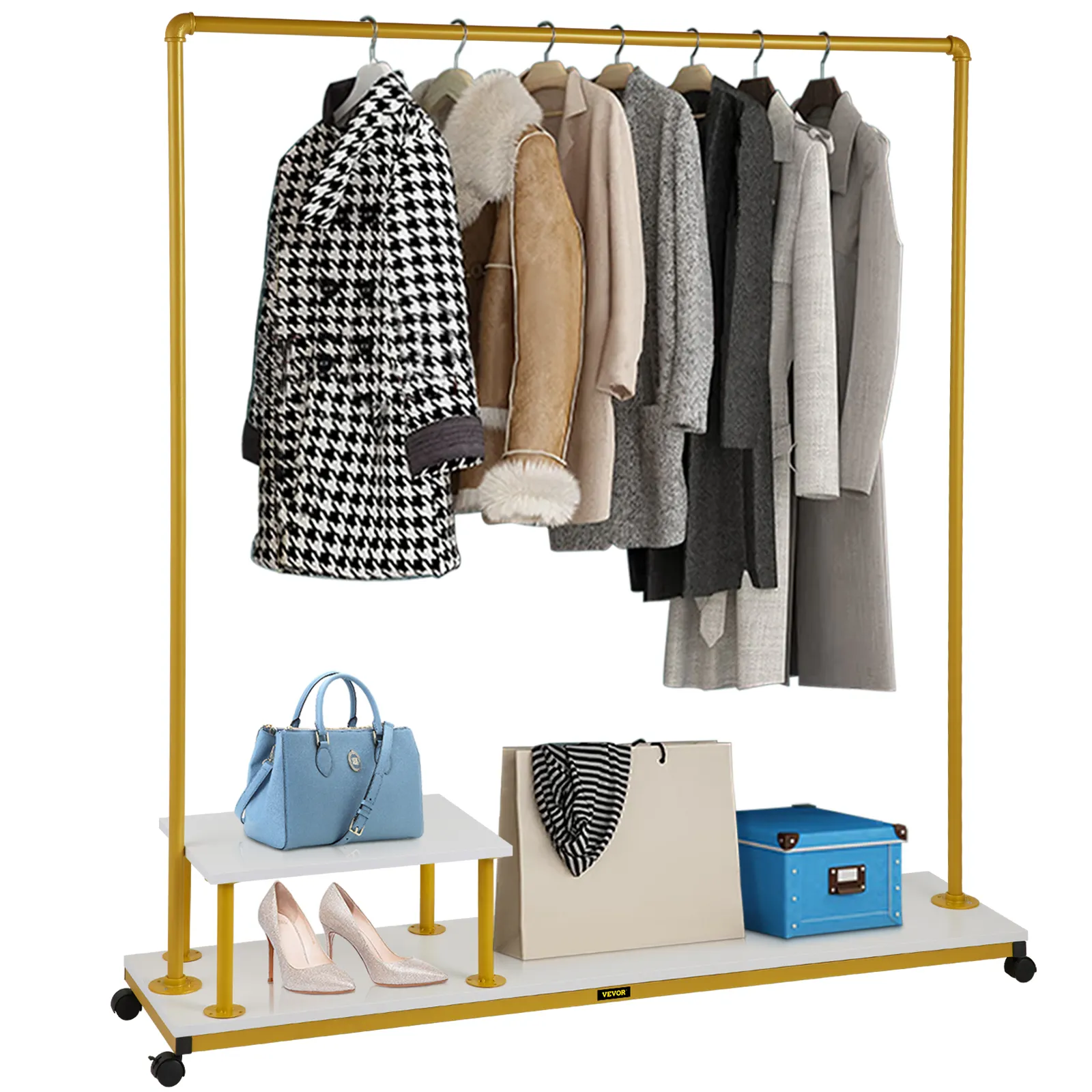 yellow VEVOR clothing garment rack with coats, bags, shoes, and storage box on white shelves.