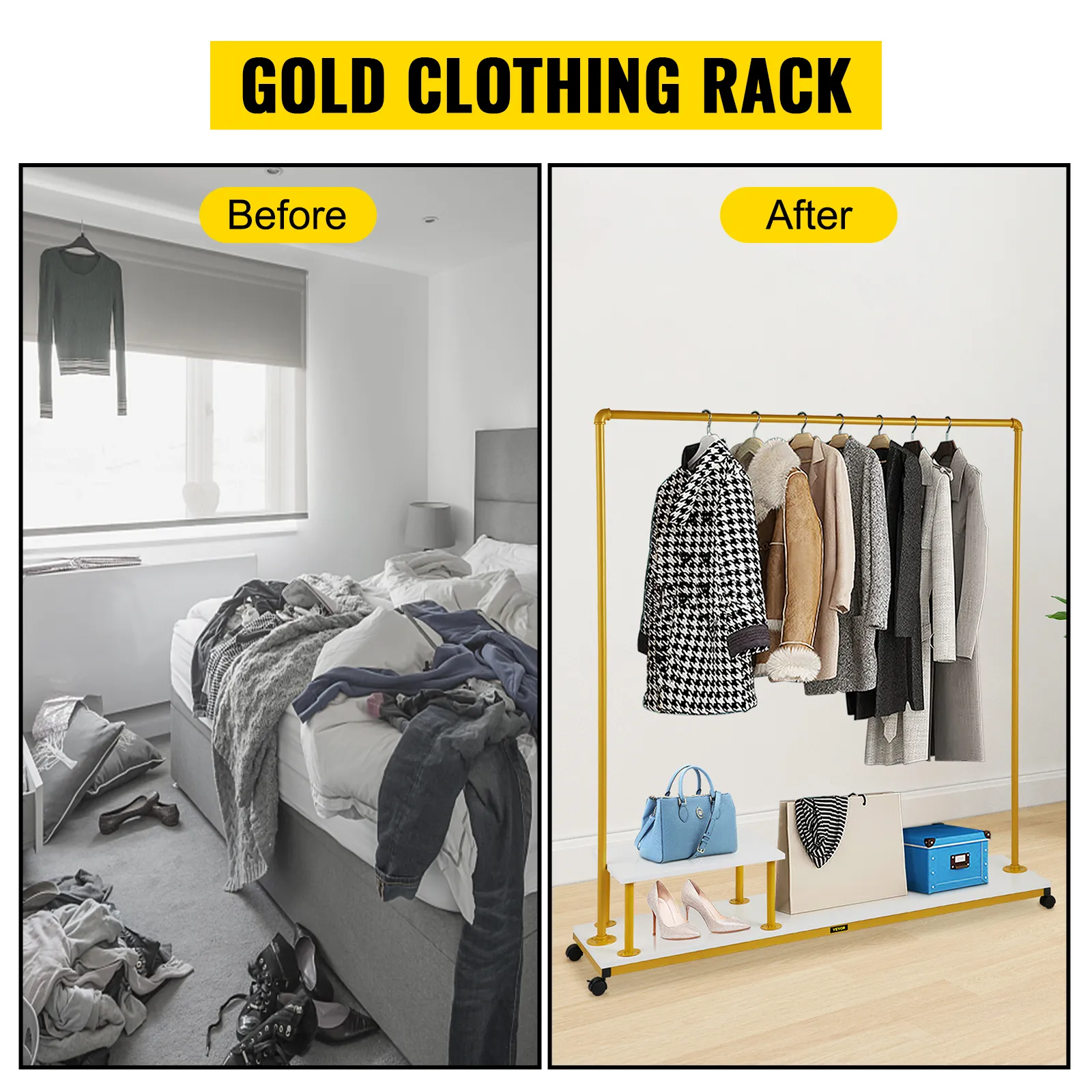 before and after using a VEVOR clothing garment rack; messy room transformed into organized space.