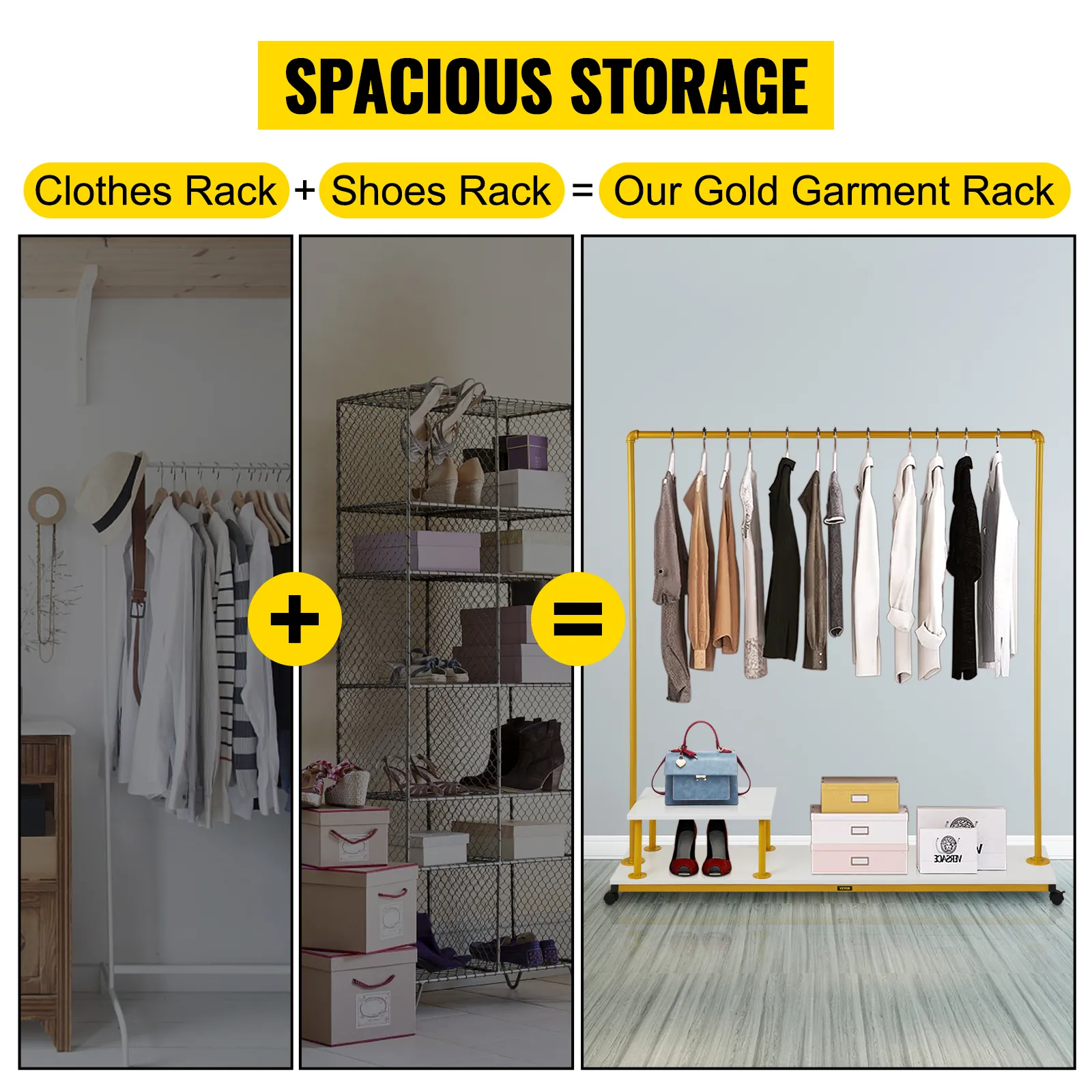 spacious storage: clothes rack plus shoes rack equal our gold VEVOR clothing garment rack.