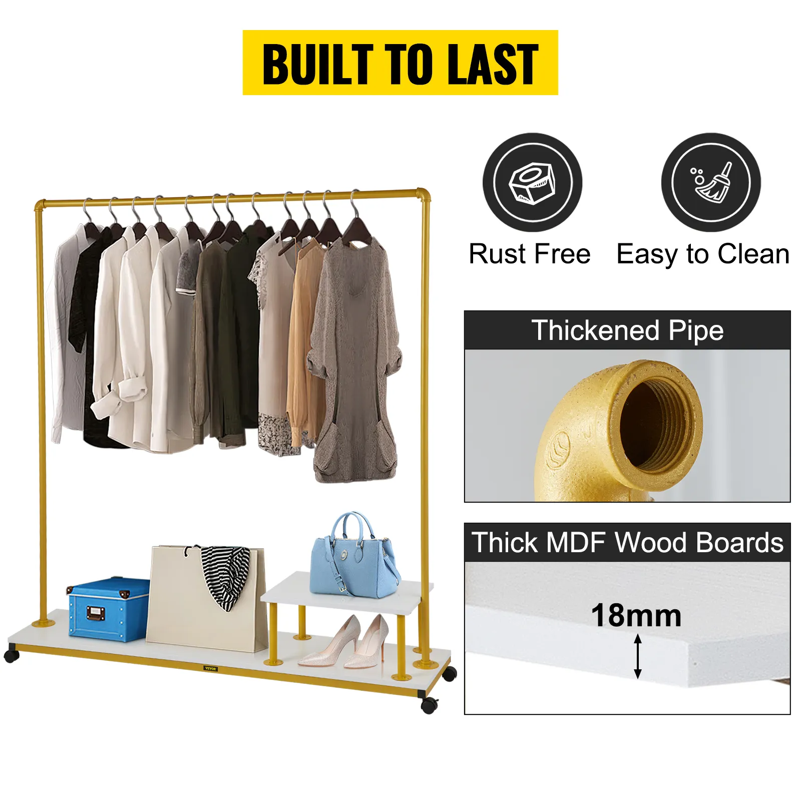 VEVOR clothing garment rack with thickened pipe, mdf wood boards, and storage shelf; built to last.