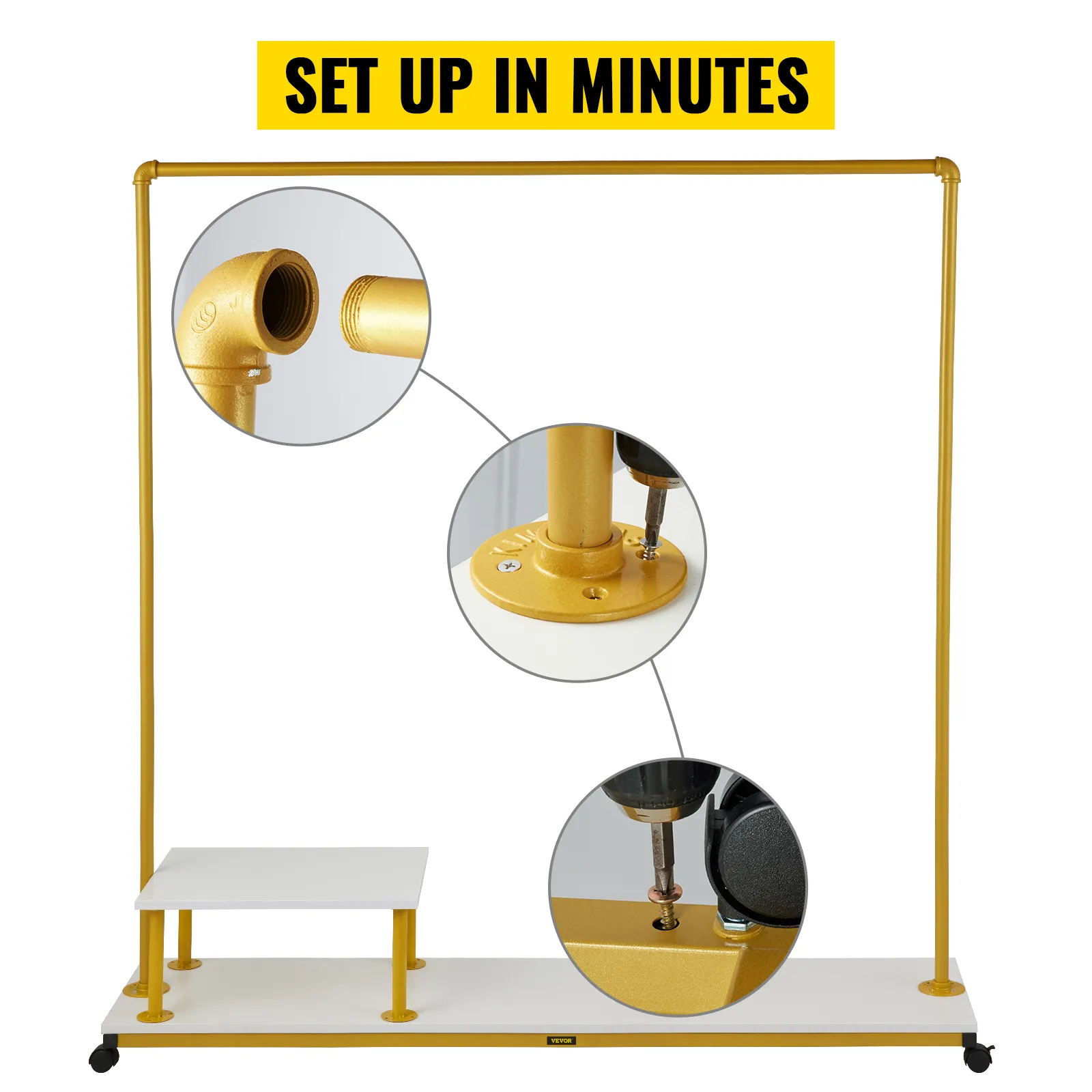 VEVOR clothing garment rack with gold install details, white base, and "set up in minutes" label.