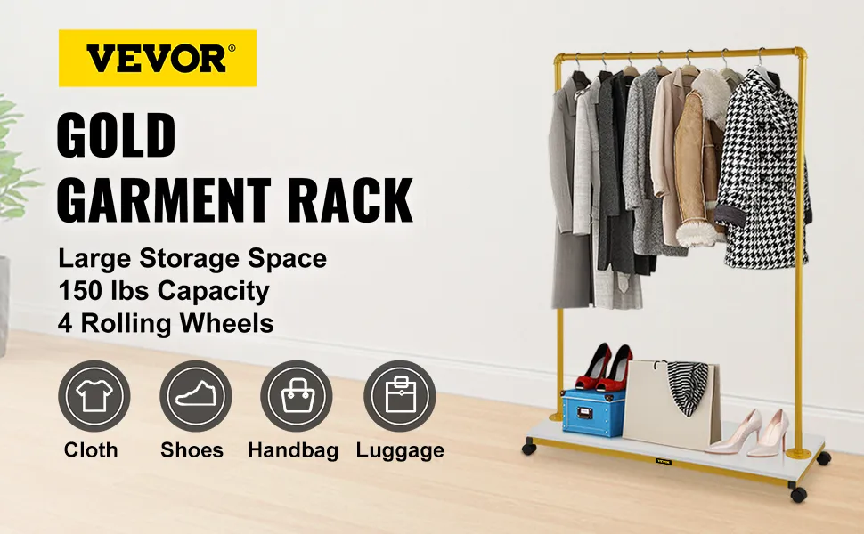 VEVOR clothing garment rack, gold, holding coats and shoes, with storage space, 150 lbs capacity, 4 wheels.