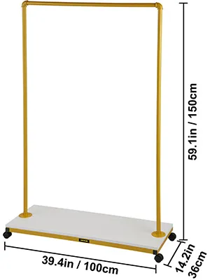 VEVOR clothing garment rack, 39.4in wide, 59.1in high, 14.2in deep, yellow frame with white base.