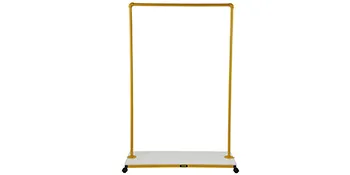 yellow VEVOR clothing garment rack with white base and black caster wheels.