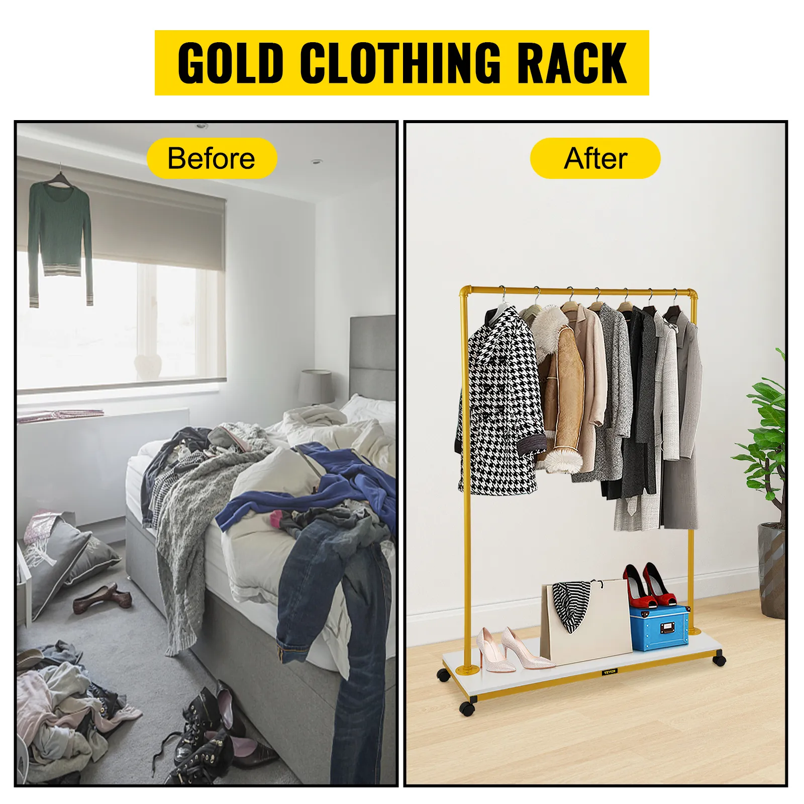 before and after of tidy room using VEVOR clothing garment rack, featuring neatly organized clothes.