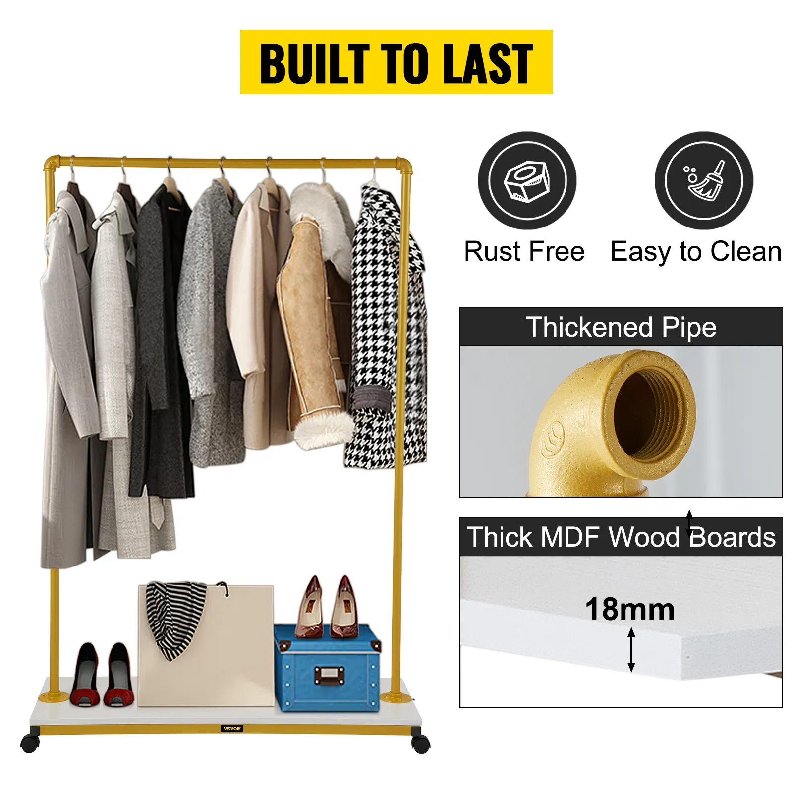 VEVOR clothing garment rack with thickened pipe, mdf wood boards, and wheels for easy mobility.