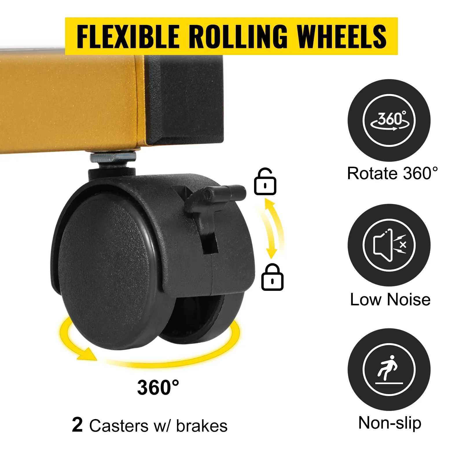 VEVOR clothing garment rack features flexible rolling wheels with 360° rotation, low noise, and non-slip brakes.