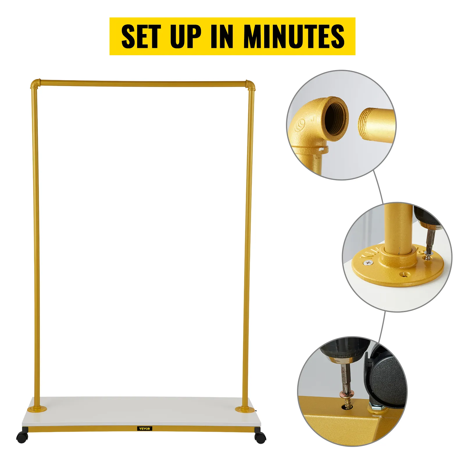 VEVOR clothing garment rack in gold with easy setup instructions and close-up assembly details.
