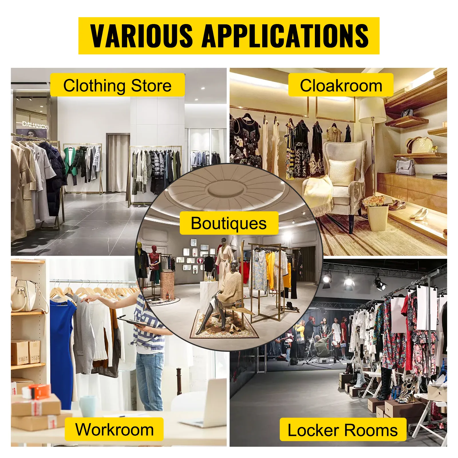 various VEVOR clothing garment rack uses: clothing store, cloakroom, workroom, boutiques, locker rooms.