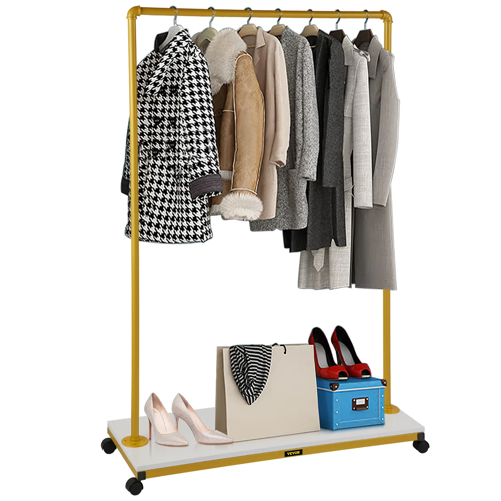 VEVOR clothing garment rack holding coats with shoes, bag, and box on bottom shelf.