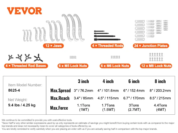 VEVOR gear puller set with various jaws, junction plates, threaded rods, bases, and locknuts.