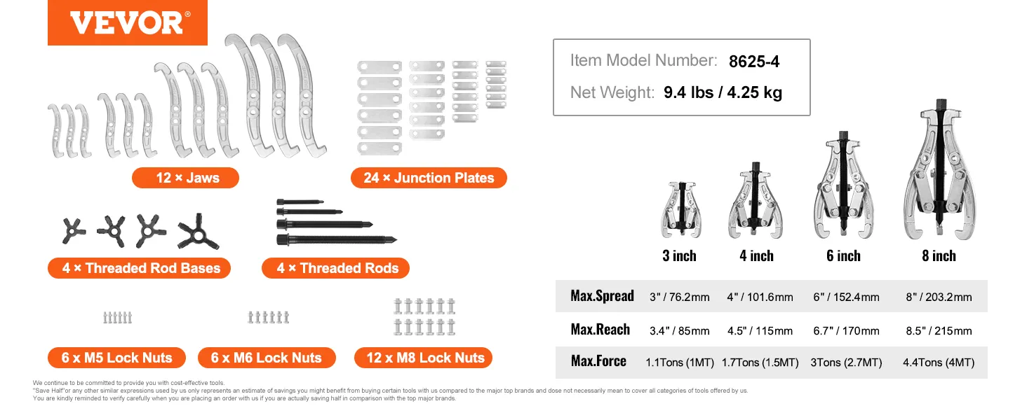 VEVOR gear puller set with various jaws, junction plates, threaded rods, bases, and locknuts.