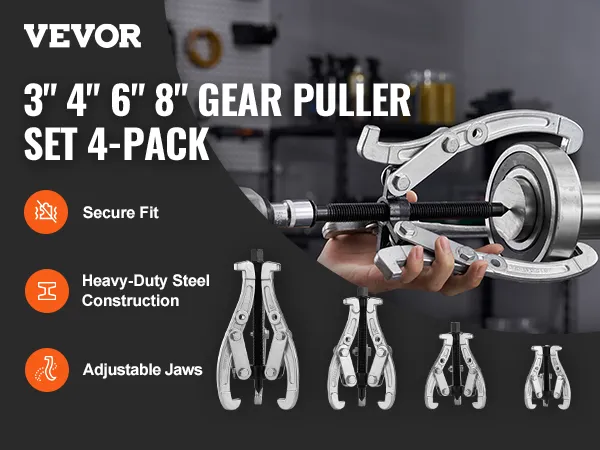 VEVOR gear puller set 4-pack with secure fit, heavy-duty steel construction, and adjustable jaws.