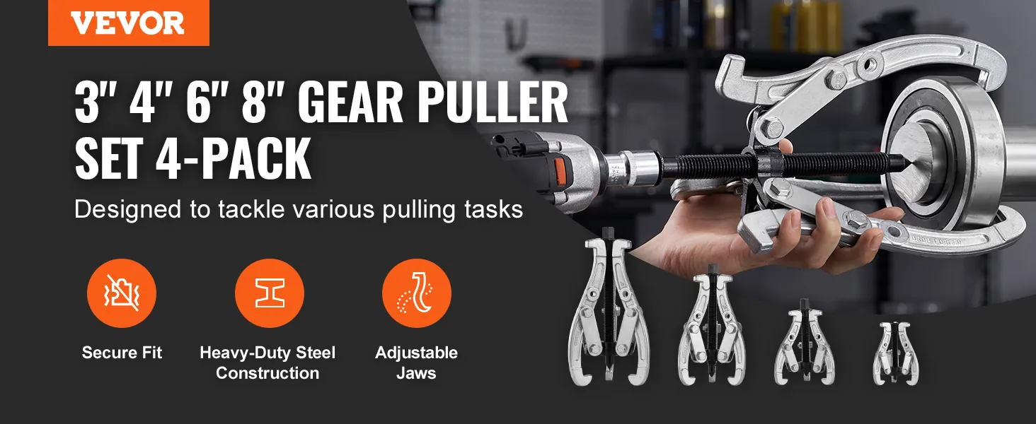 VEVOR gear puller set 4-pack with secure fit, heavy-duty steel construction, and adjustable jaws.