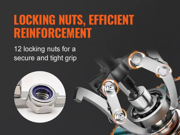 VEVOR gear puller set with 12 locking nuts for a secure and tight grip, efficient reinforcement.