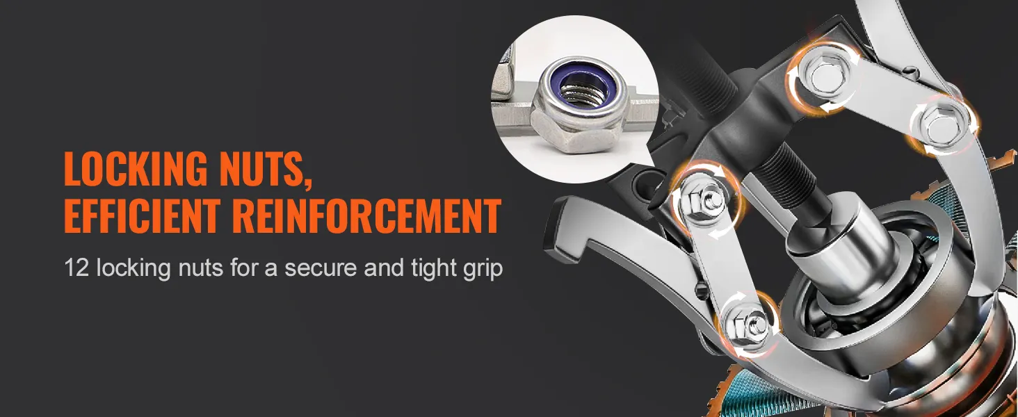 VEVOR gear puller set with 12 locking nuts for a secure and tight grip, efficient reinforcement.