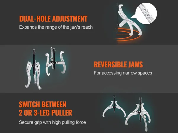 dual-hole adjustment, reversible jaws, switch between 2 or 3-leg puller for VEVOR gear puller set.