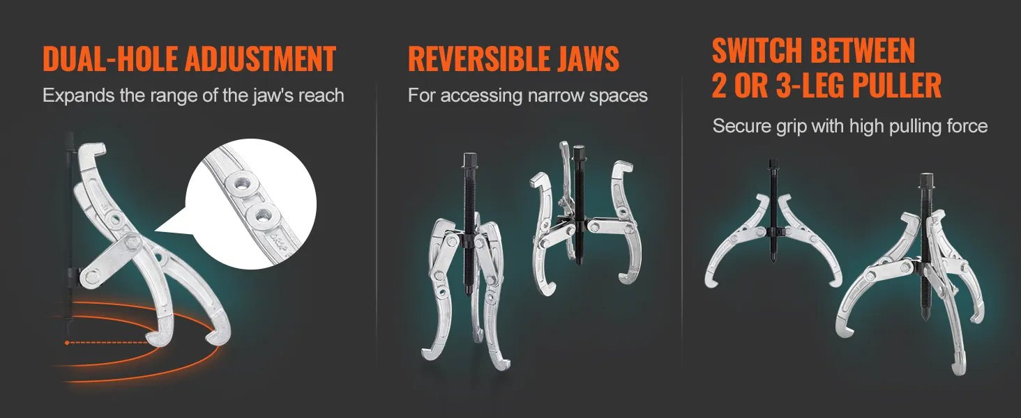 dual-hole adjustment, reversible jaws, switch between 2 or 3-leg puller for VEVOR gear puller set.