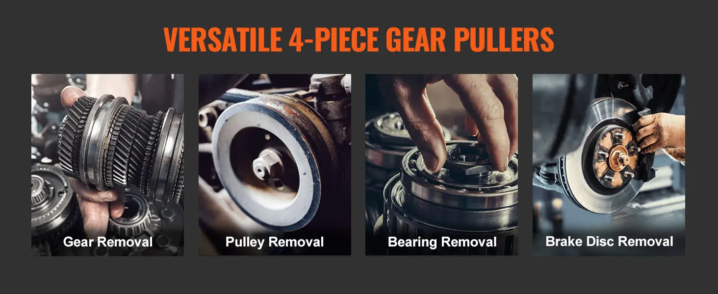 versatile VEVOR gear puller set for gear, pulley, bearing, and brake disc removal. four-piece kit.