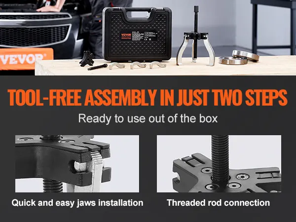 VEVOR gear puller set with tool-free assembly steps and ready-to-use durability on a wooden table.