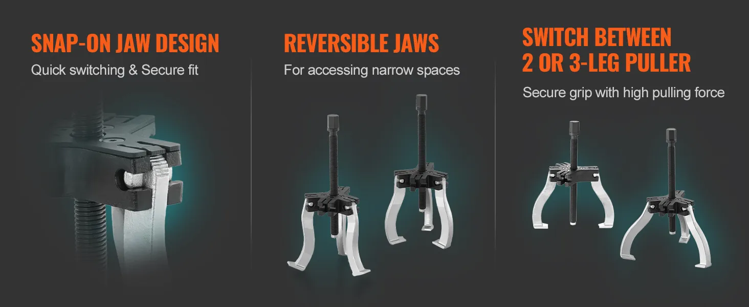 VEVOR gear puller set with snap-on jaw design, reversible jaws, and option to switch between 2 or 3 legs.