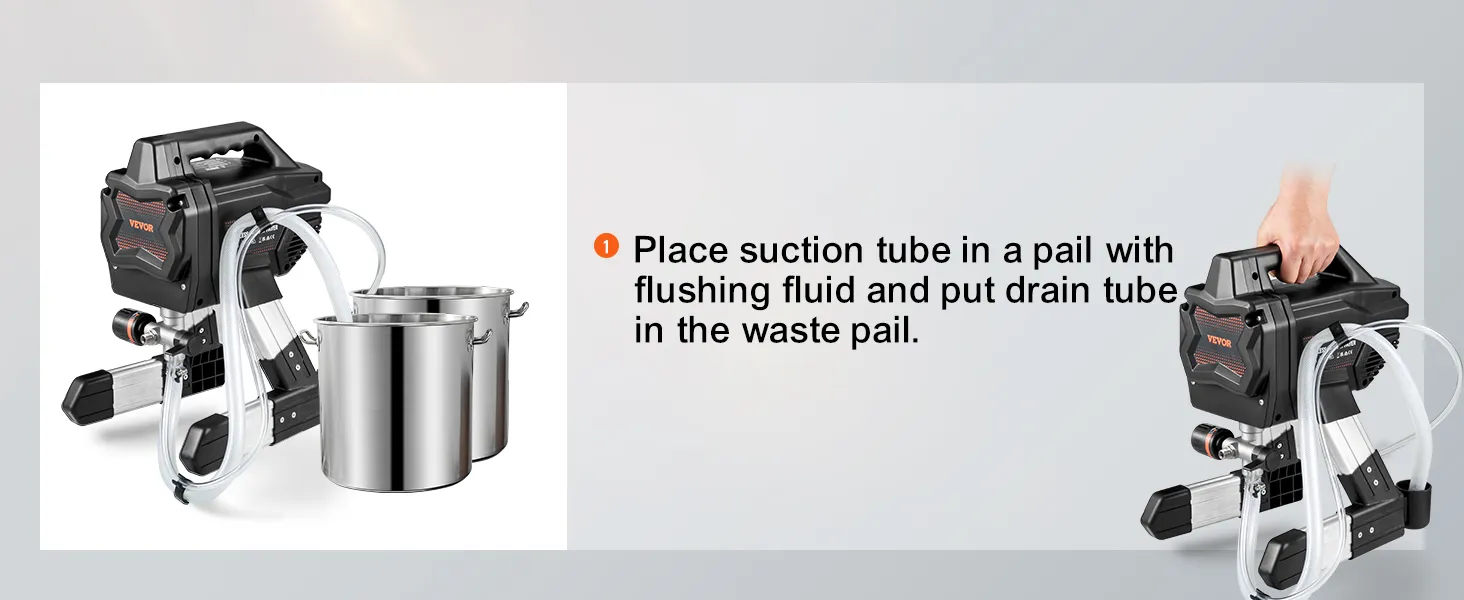 Configuración del pulverizador de pintura sin aire VEVOR con tubos de succión y drenaje en cubos, texto de instrucciones en el lateral.