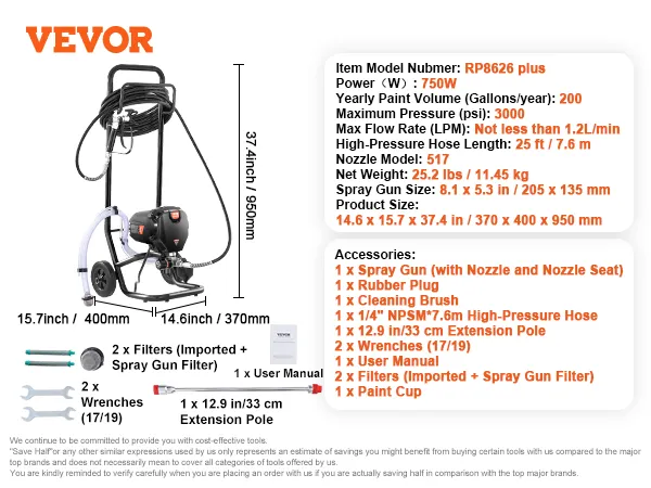 VEVOR airless verfspuit rp8626 plus, 750w, 3000 psi, 25 ft slang, spuitpistool en accessoires.