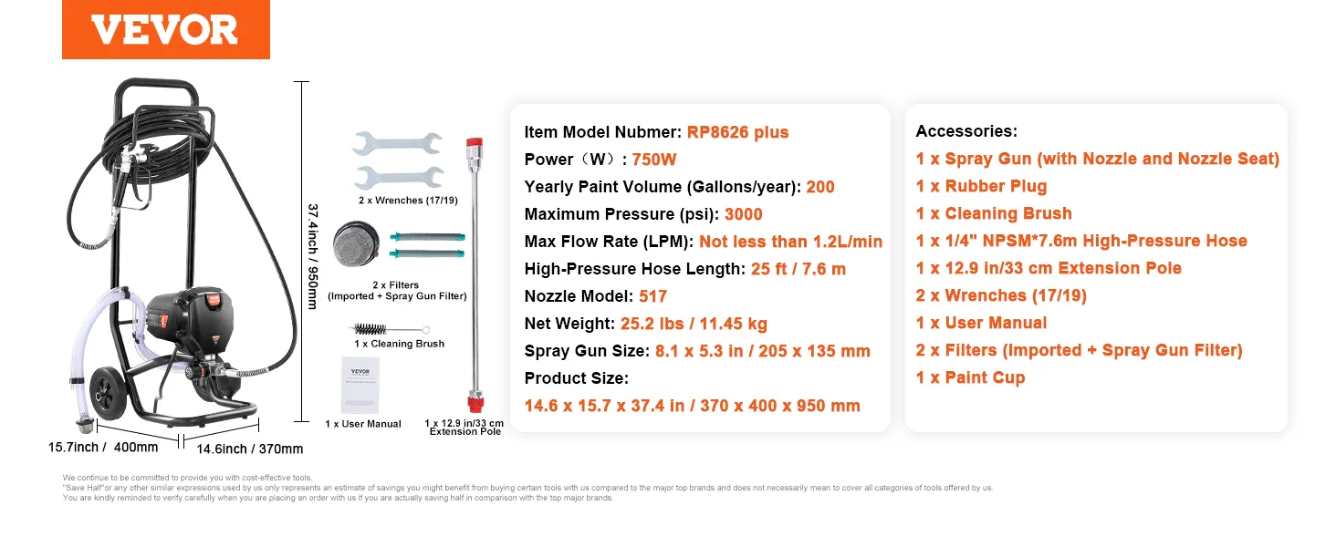 VEVOR airless paint sprayer rp8626 plus, 750w, 3000 psi, 25 ft hose, spray gun, and accessories.