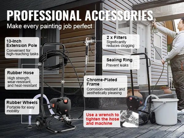 VEVOR airless verfspuit met accessoires: 13 inch verlengstang, rubberen slang, wielen, filters, afdichtring.