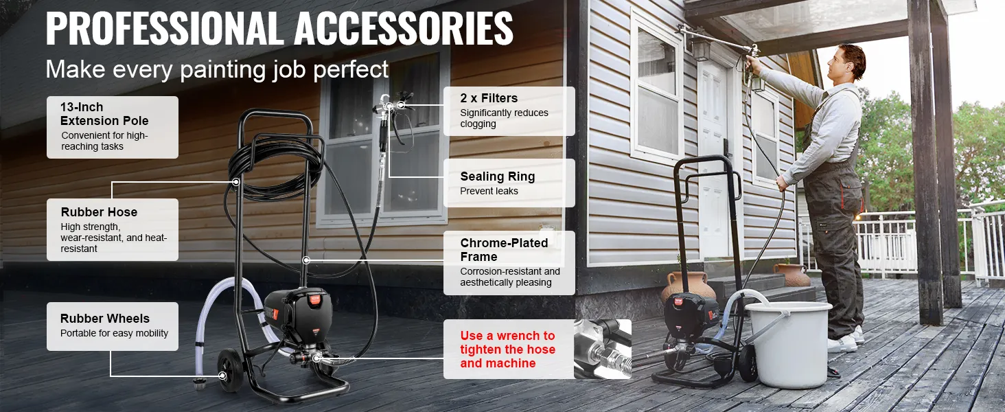 VEVOR airless paint sprayer with accessories: 13-inch extension pole, rubber hose, wheels, filters, sealing ring.