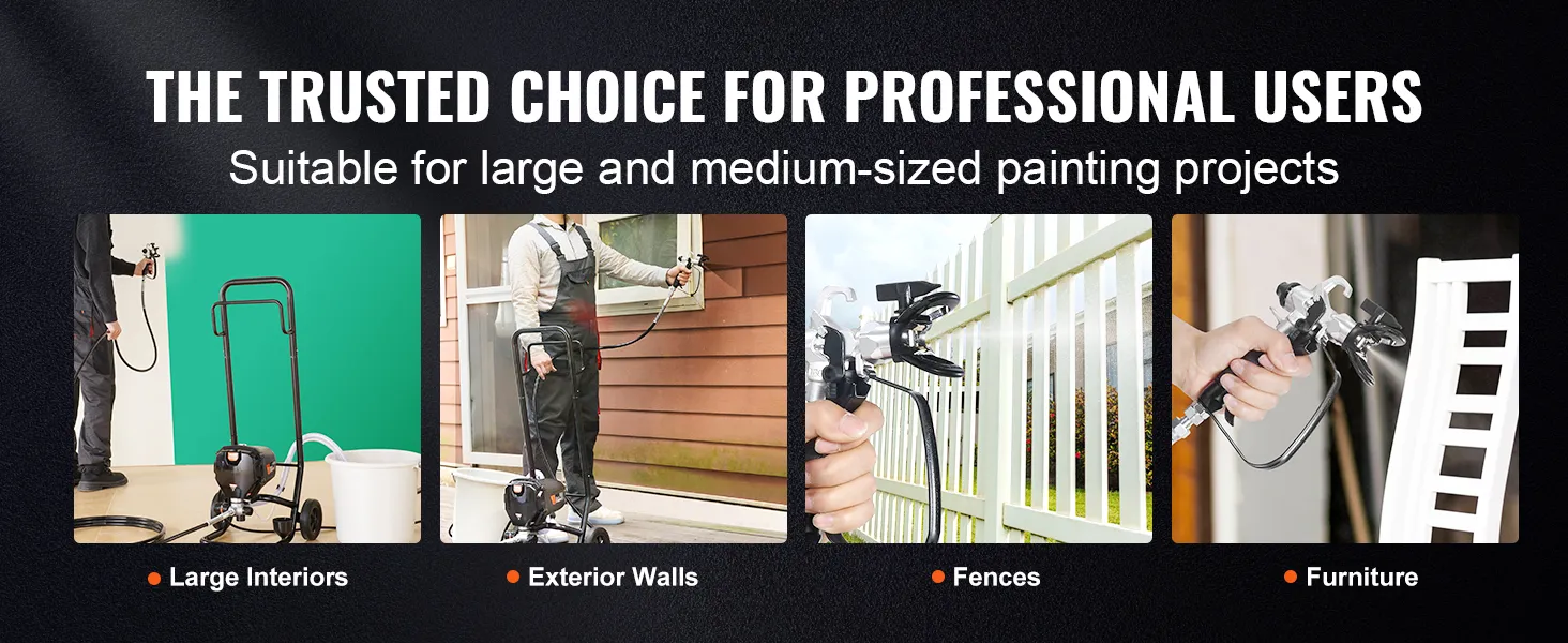VEVOR airless paint sprayer for large interiors, exterior walls, fences, and furniture painting projects.