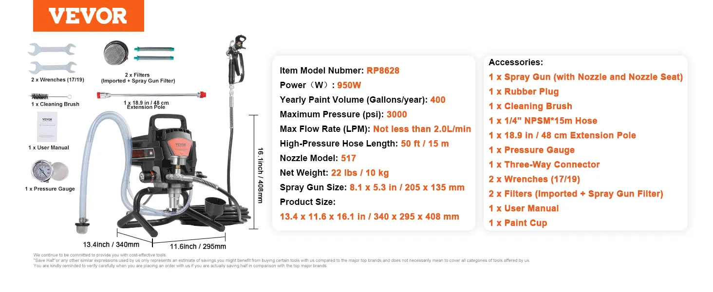VEVOR airless paint sprayer with 950w power, spray gun, hose, and various accessories. complete set.