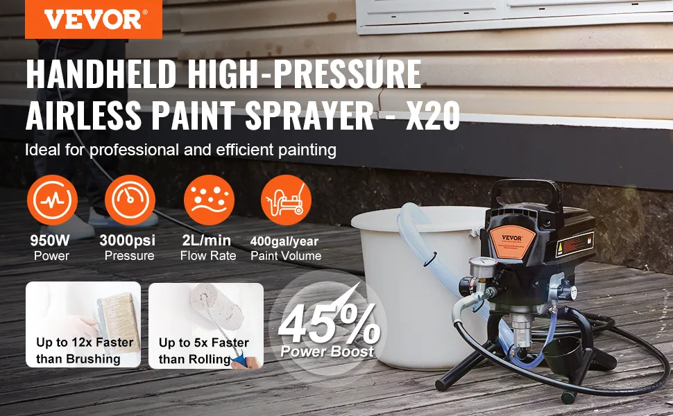 VEVOR 950W Stand Airless Paint Sprayer, 3000PSI High Efficiency Electric Airless Sprayer, Handheld Paint Sprayers for Home Interior and Exterior Furniture and Fences, Fine And Even Painting Effect