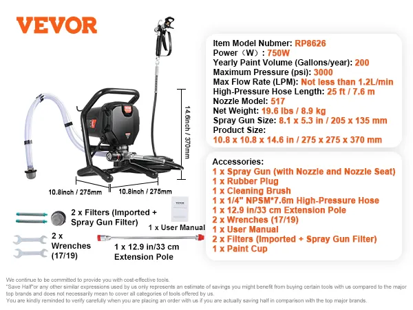 VEVOR airless paint sprayer rp8626, 750w, max psi 3000, high-pressure hose, cleaning brush, wrenches.