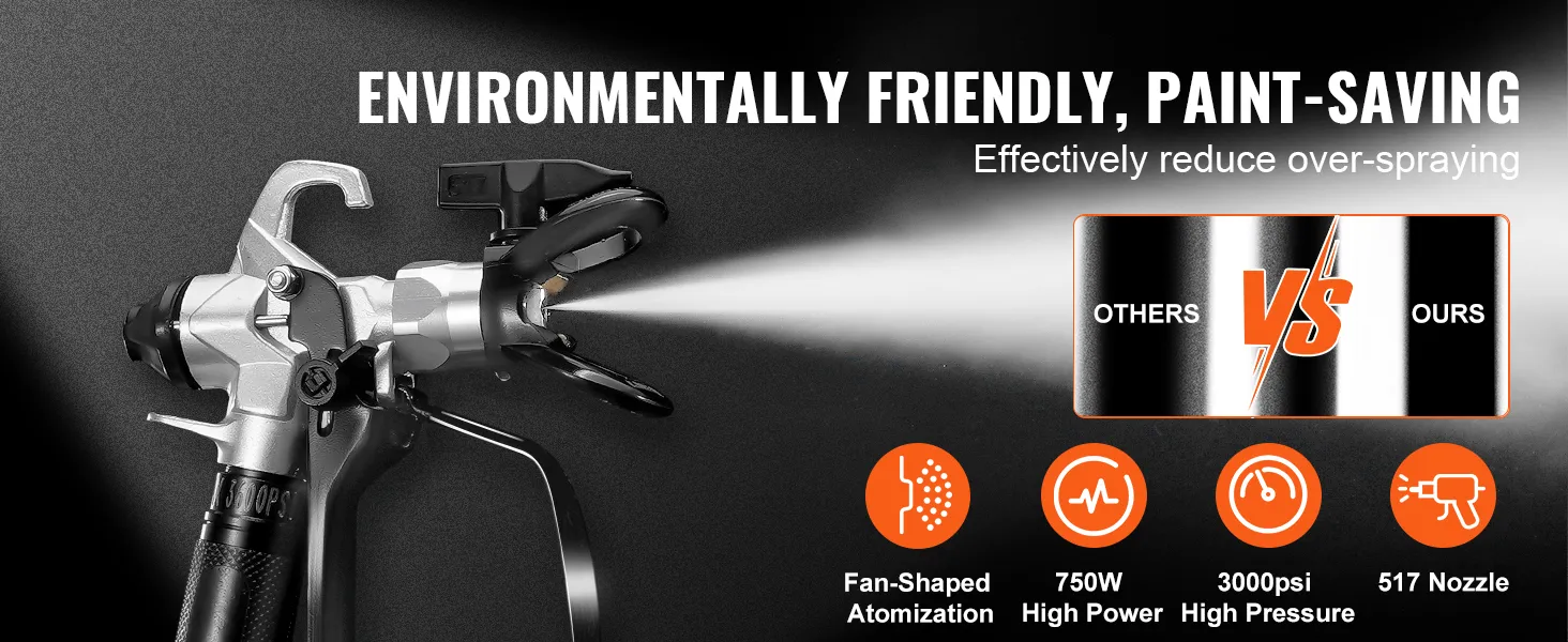 VEVOR airless paint sprayer: environmentally friendly, 750w, 3000psi, fan-shaped atomization, 517 nozzle.