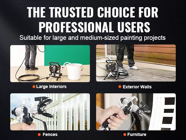 VEVOR airless paint sprayer for large interiors, exterior walls, fences, and furniture projects.