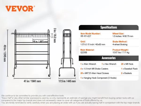 Afmetingen en specificaties van het VEVOR-basketbalrek, met accessoires zoals sleutels, wielen en manden.