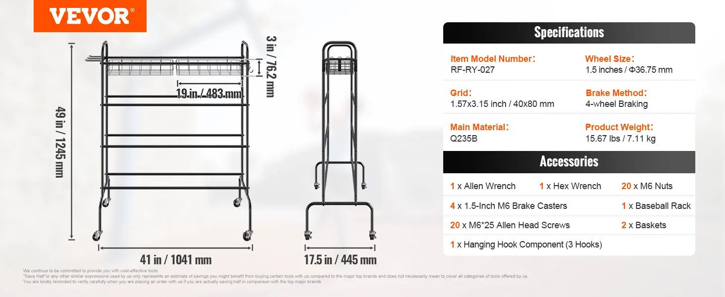 Afmetingen en specificaties van het VEVOR-basketbalrek, met accessoires zoals sleutels, wielen en manden.