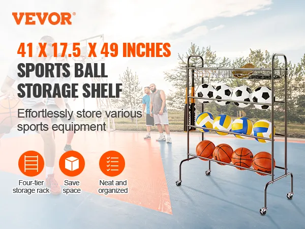 VEVOR basketbalrek op een buitenveld, voor het opbergen van verschillende ballen met een plank met vier niveaus, bespaart ruimte.