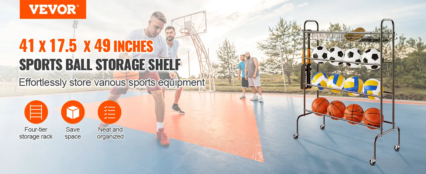 VEVOR basketbalrek op een buitenveld, voor het opbergen van verschillende ballen met een plank met vier niveaus, bespaart ruimte.